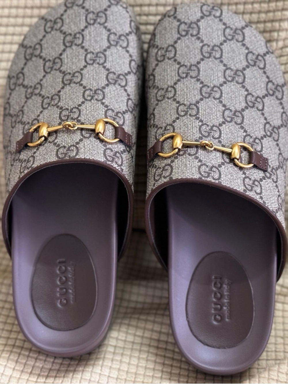 Gucci Beige GG Canvas Horsebit Mules with Brown Trim